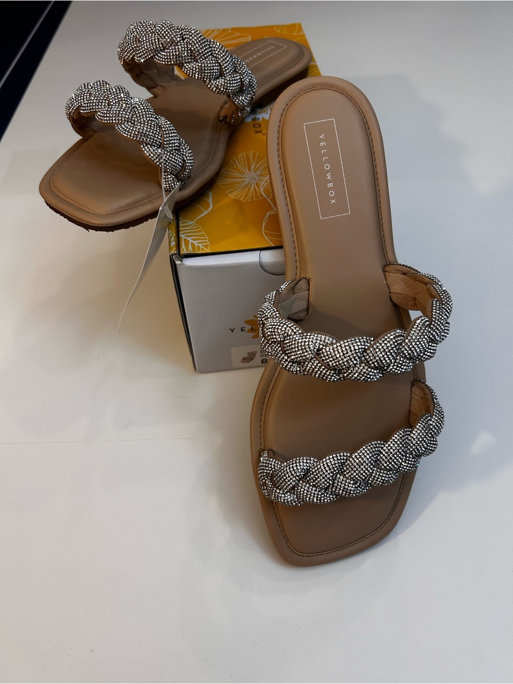 Yellow Box Double Braided Crystal Slide Sandals in Tan